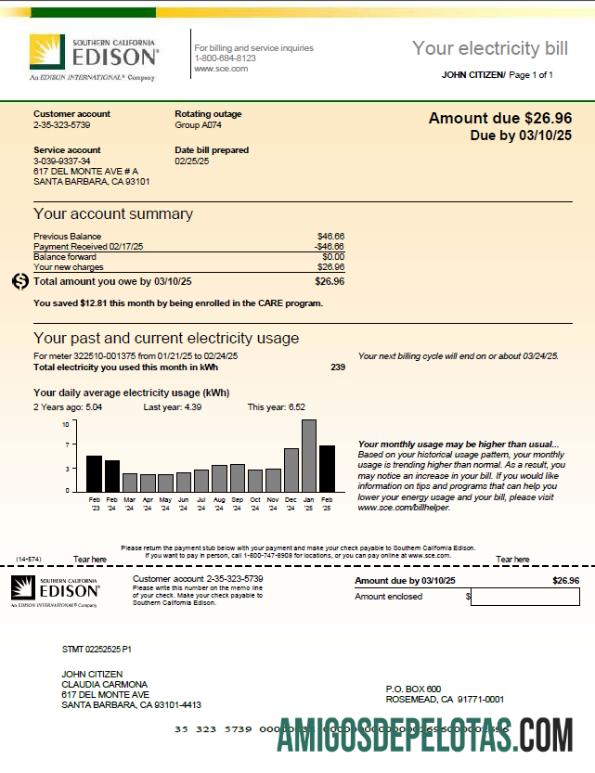 realista Modelo de conta de serviços públicos Edison do sul da Califórnia dos EUA em formatos Word e PDF, versão 2